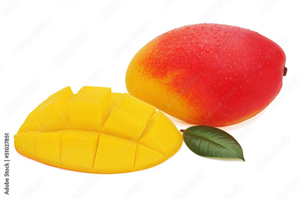 Fresh mango fruit with cut and green leaves isolated on white ba Fresh mango fruit with cut and green leaves isolated on white ba