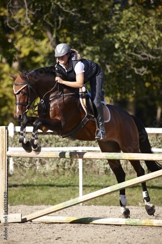 Horsewoman putting horse over the jumps