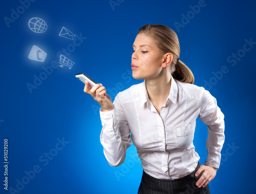 Attractive blond woman holding phone. Social network concept