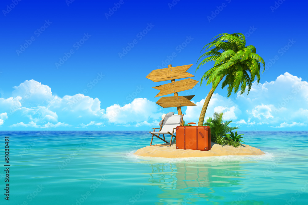 Tropical island with chaise lounge, suitcase, wooden signpost, p - obrazy, fototapety, plakaty 