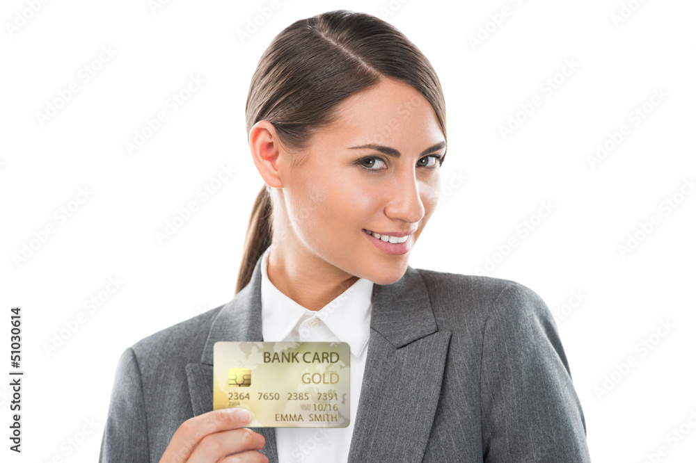 Pretty business woman holding new credit card Pretty business woman holding new credit card
