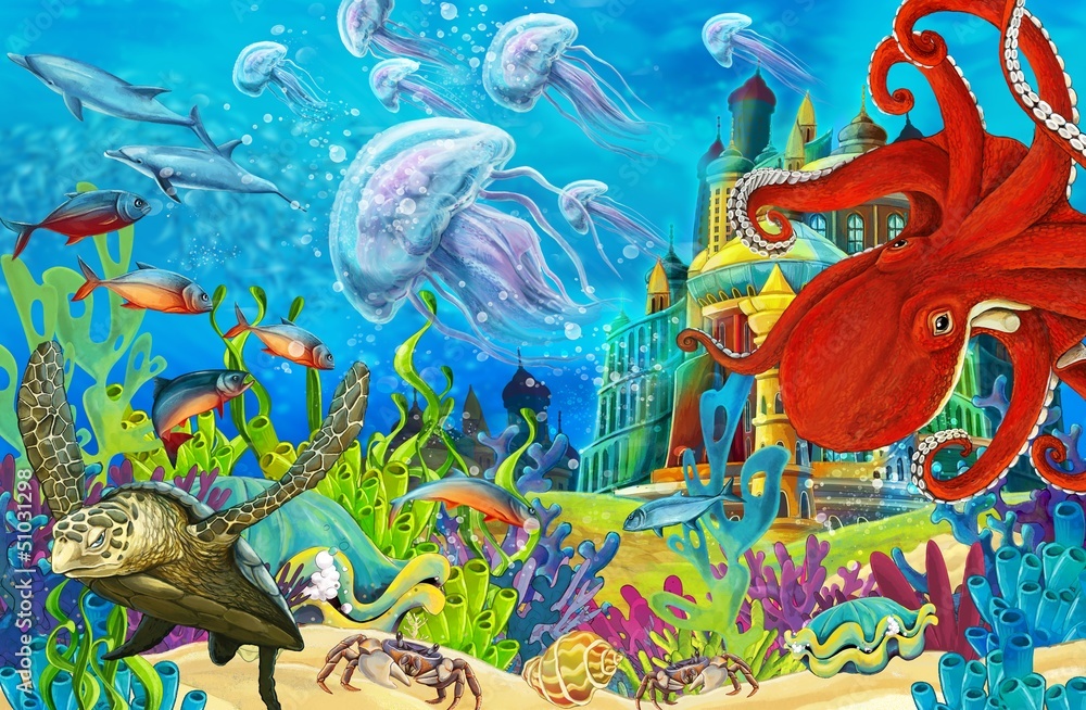 Naklejka premium Cartoon coral reef - illustration for the children