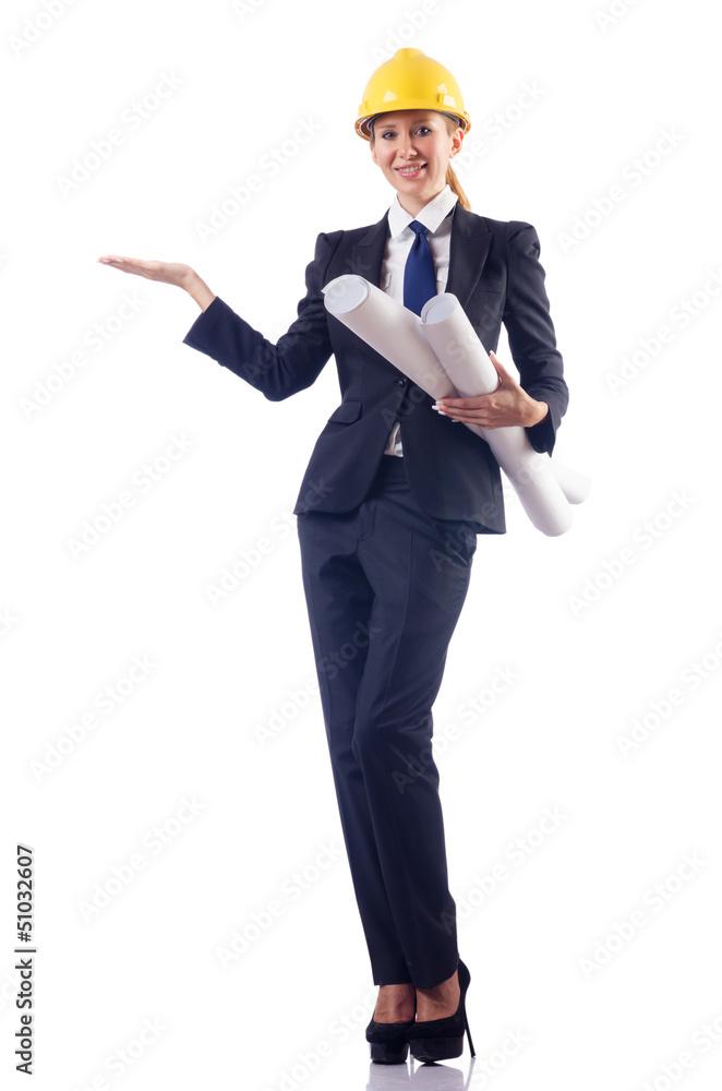 Woman architect with drawings on white Woman architect with drawings on white