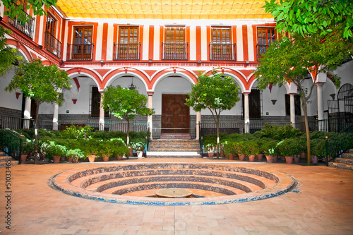 Fototapeta Typical andalusian courtyard with fountain, Seville, Spain.