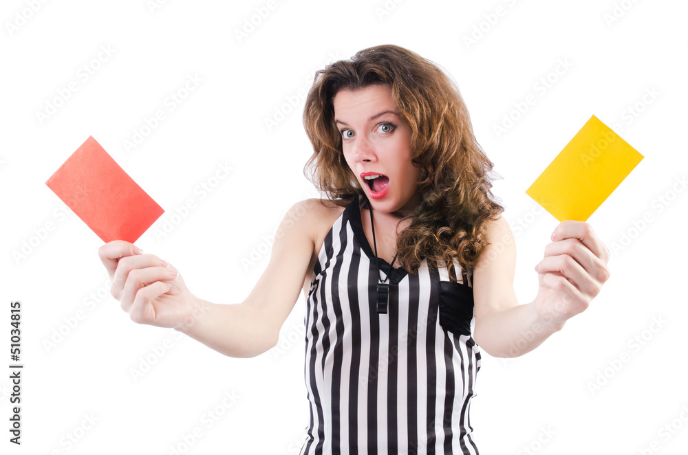 Woman referee with card on white Woman referee with card on white
