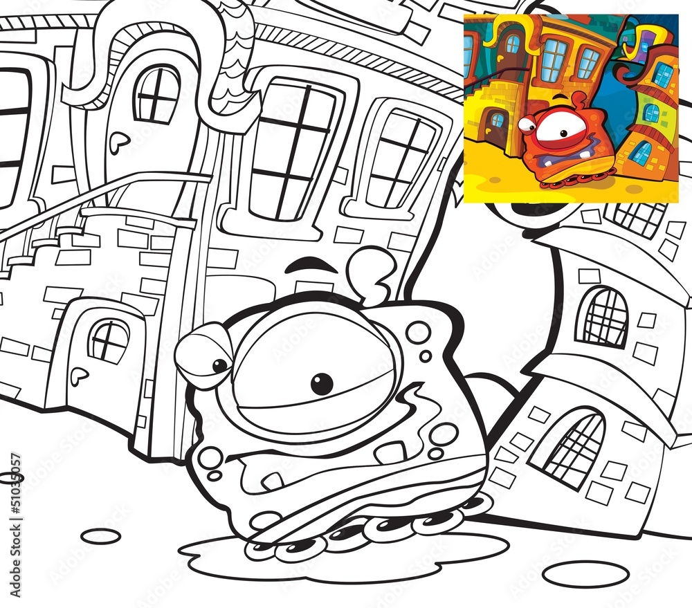 Cartoon coloring page - alien in front of the house - illustration for  children Stock Illustration | Adobe Stock