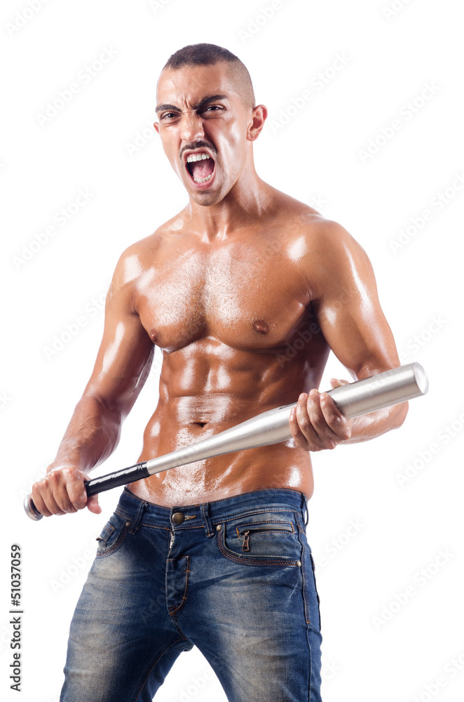 Muscular man with baseball bat on white Muscular man with baseball bat on white