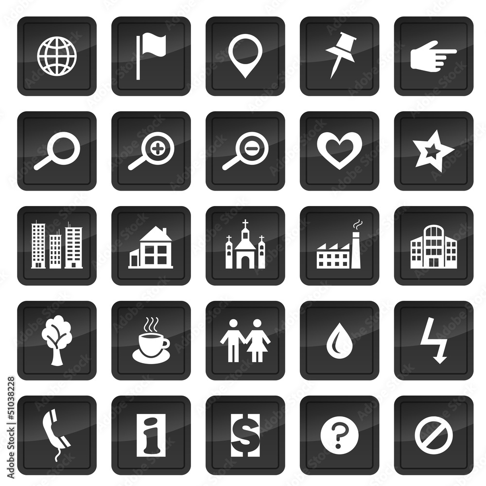 Map icons with dark buttons in background Map icons with dark buttons in background