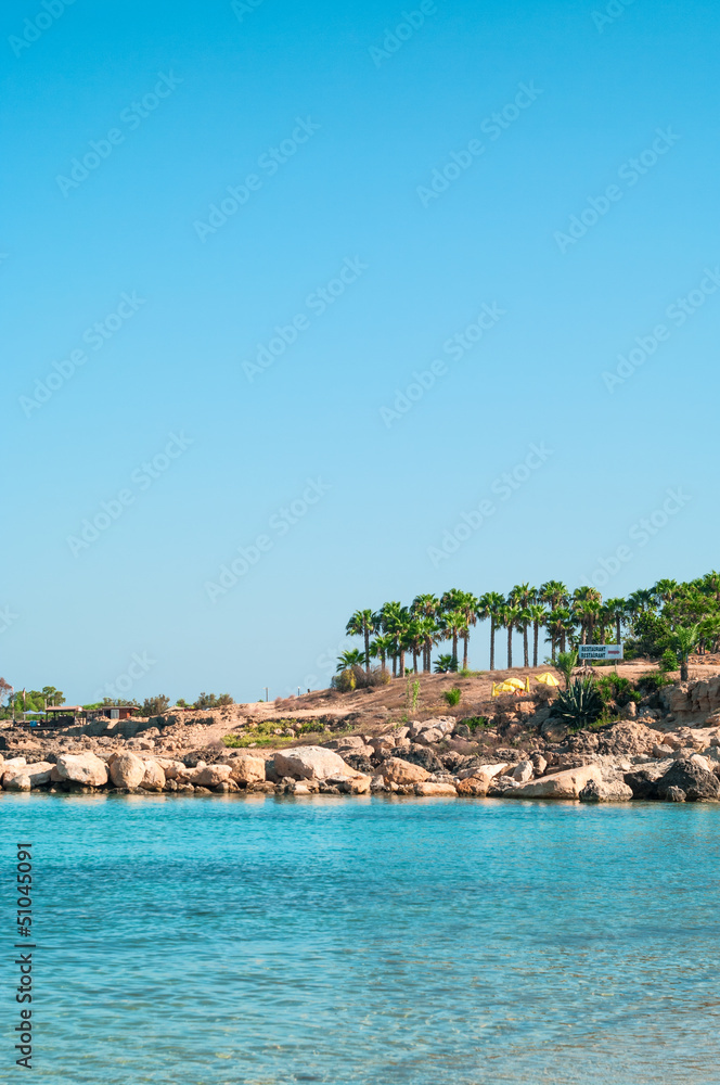 Mediterranean seashore in Cyprus island with rocky coastline
