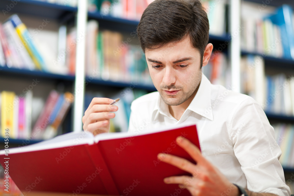 Young student studying in a library