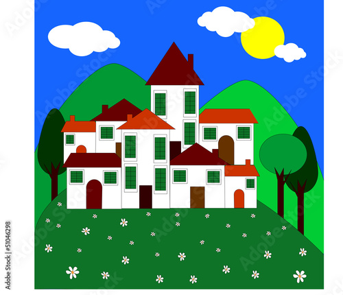 illustrazione di piccolo villaggio tra le colline