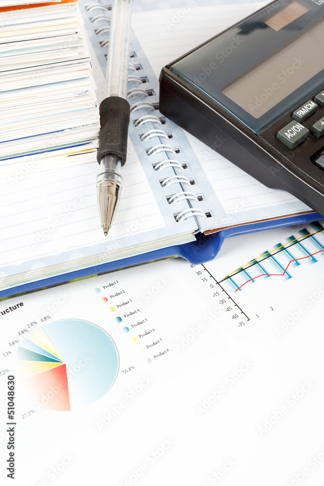 Obraz premium calculator, charts, pen, business cards, notes