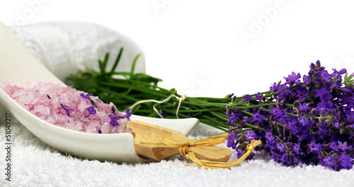 Lavender bath salt with fresh lavender flowers - spa decoration