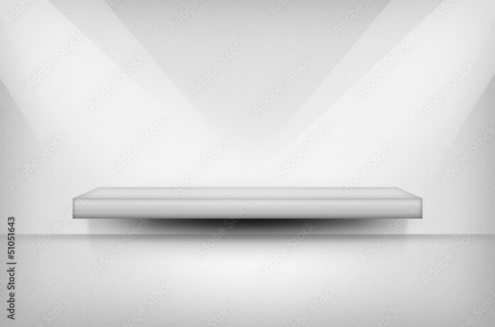 Shelf on the wall, white texture or background with spotlight Shelf on the wall, white texture or background with spotlight