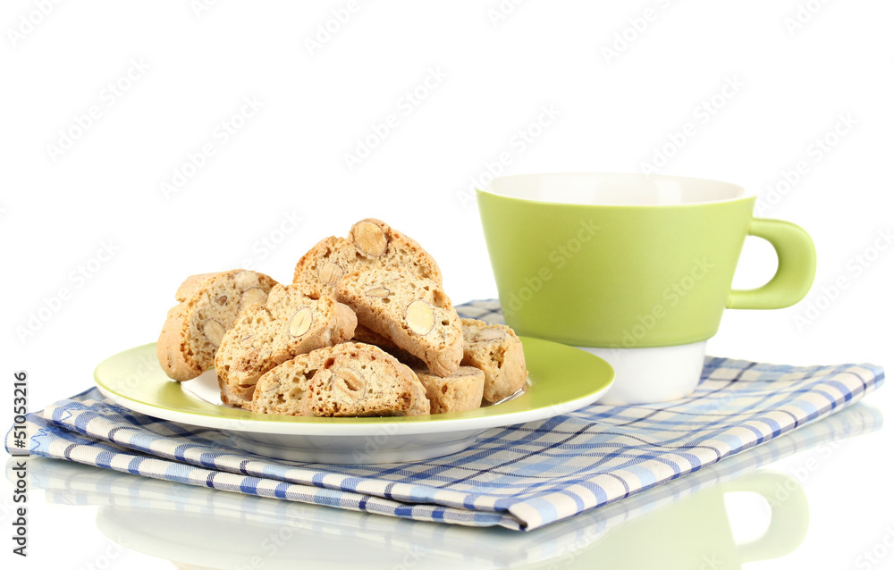 Aromatic cookies cantuccini and cup of coffee isolated on white Aromatic cookies cantuccini and cup of coffee isolated on white