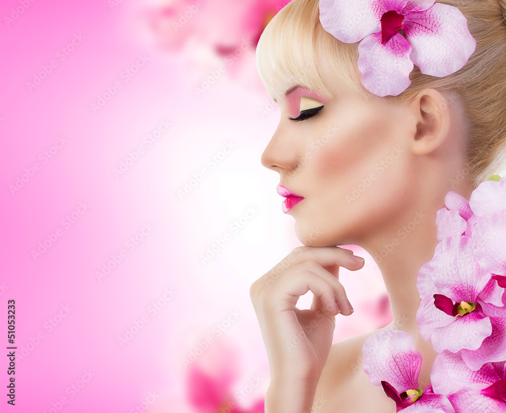 Beautiful girl with flowers and perfect makeup Beautiful girl with flowers and perfect makeup