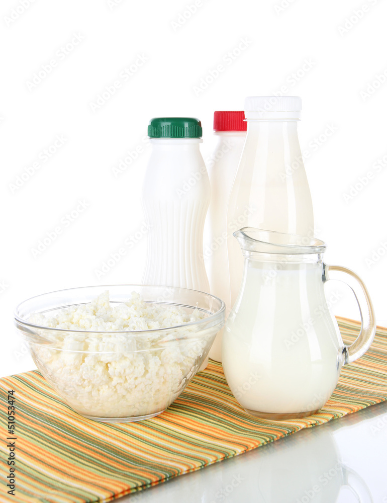 Dairy products on napkin isolated on white Dairy products on napkin isolated on white
