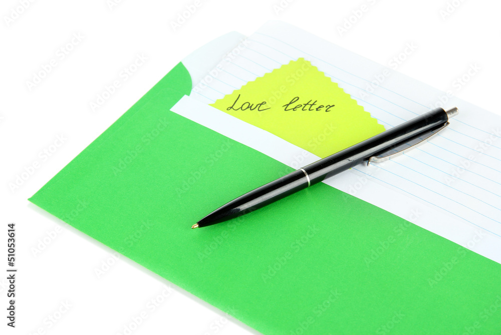 Note in envelope with pen isolated on white Note in envelope with pen isolated on white