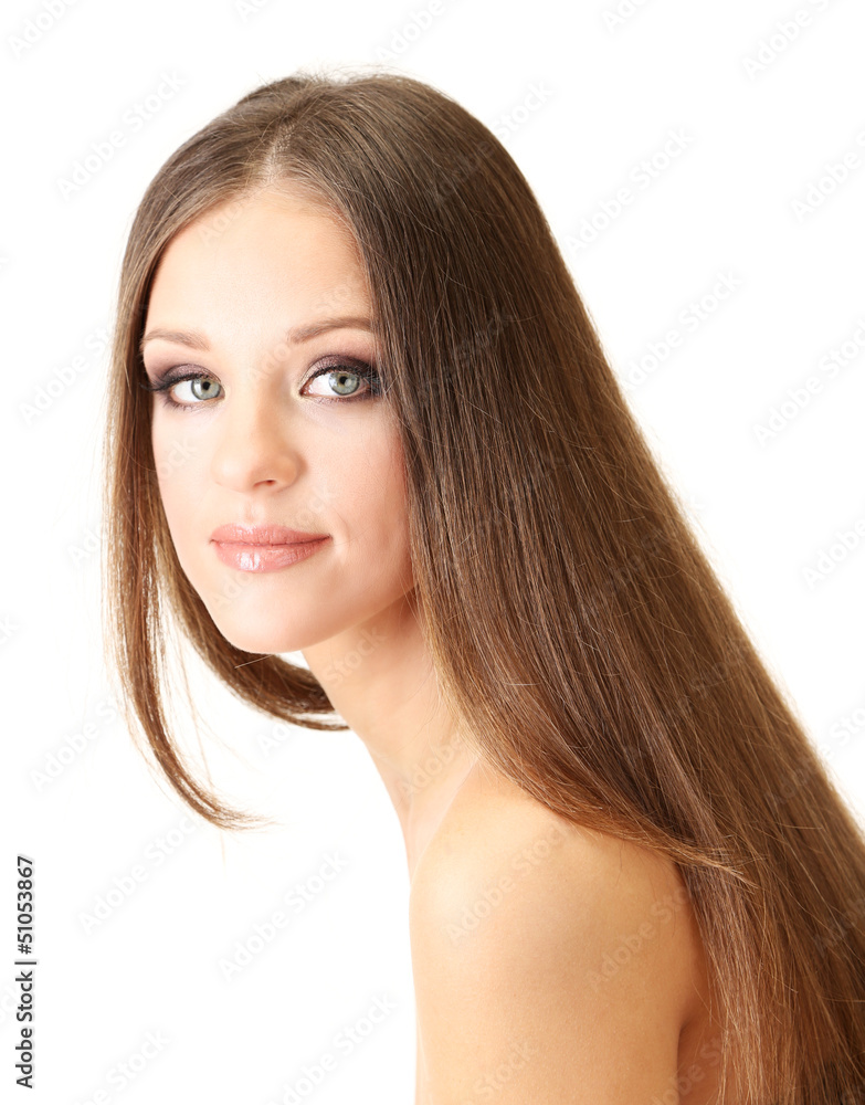 Portrait of beautiful woman with long hair, isolated on white Portrait of beautiful woman with long hair, isolated on white