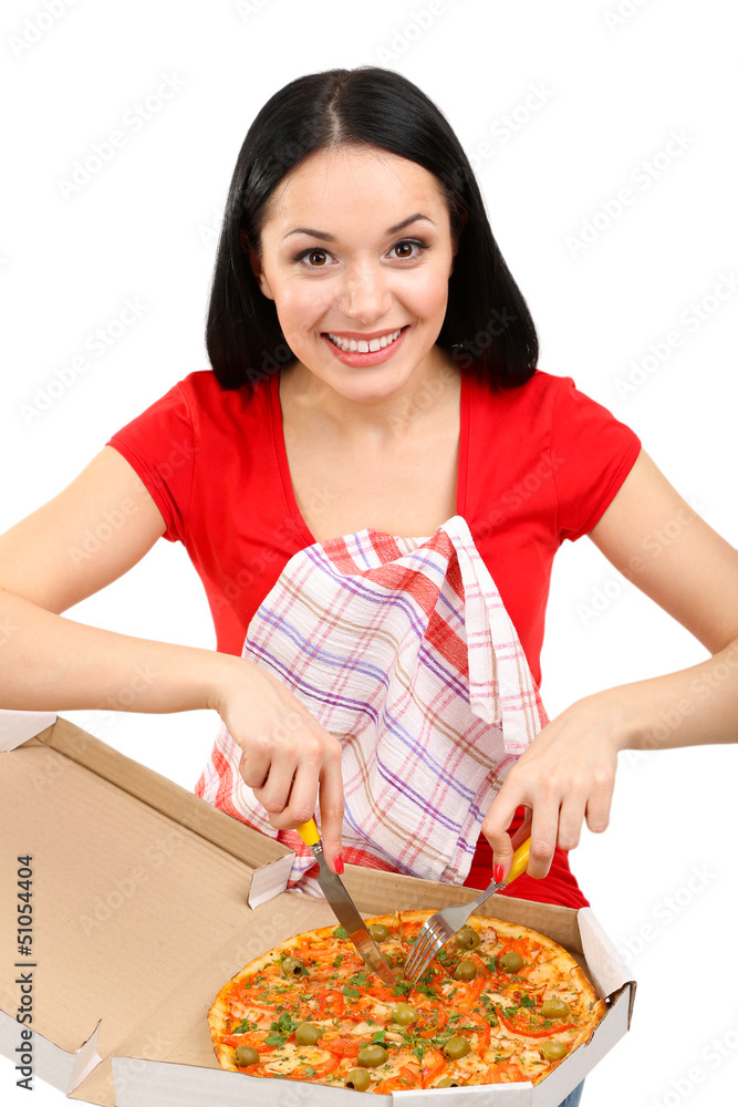 Beautiful girl eats pizza isolated on white Beautiful girl eats pizza isolated on white