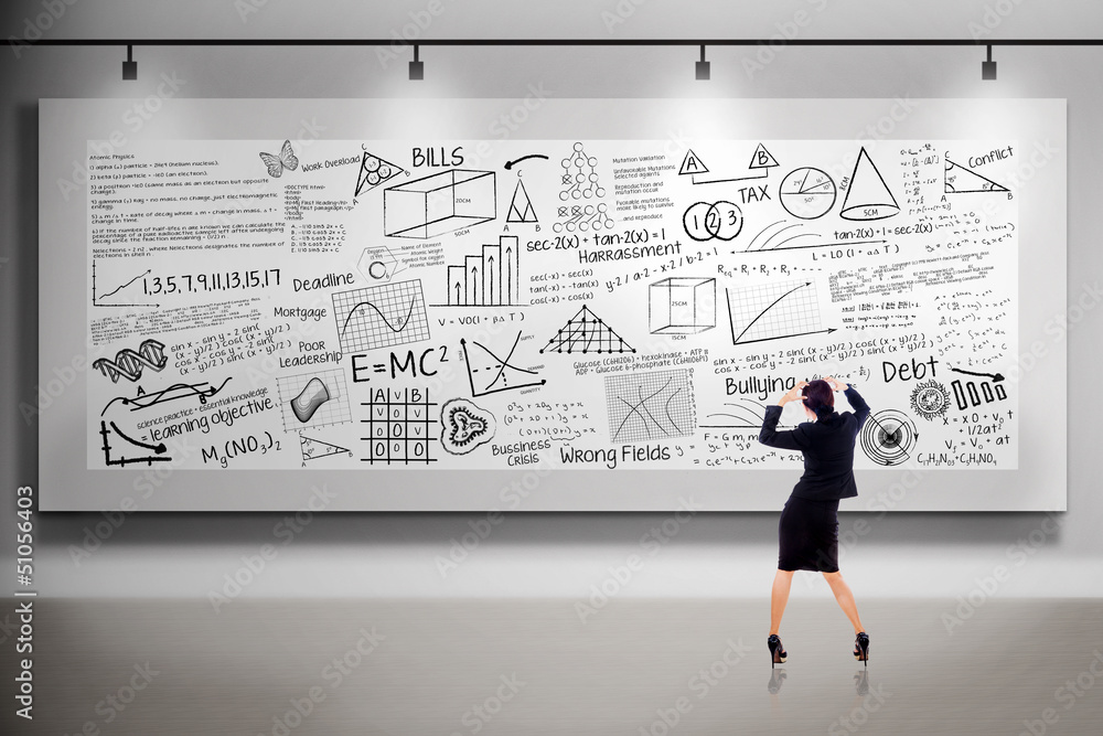 Businesswoman thinking in front of billboard Businesswoman thinking in front of billboard