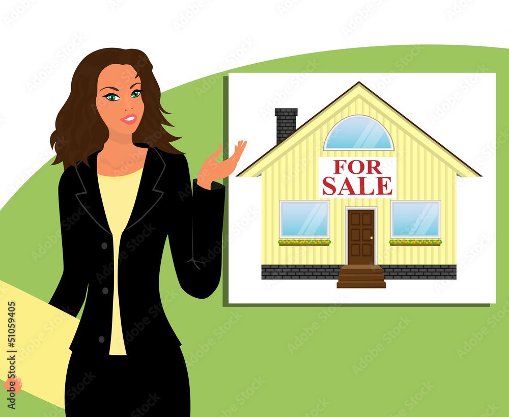 Girl realtor shows a house with a sign Girl realtor shows a house with a sign