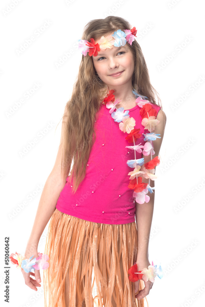 Small and beautiful girl in Hawaiian dress