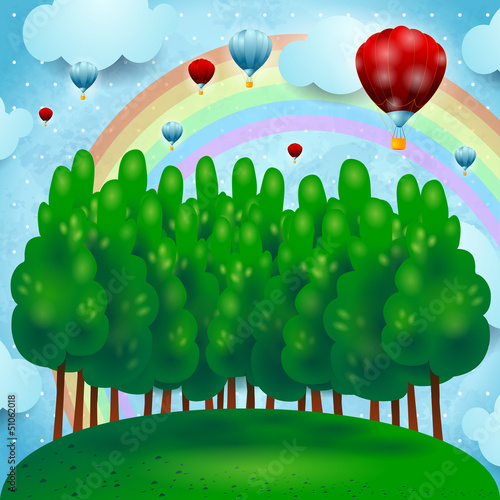 Countryside with balloons, fantasy illustration