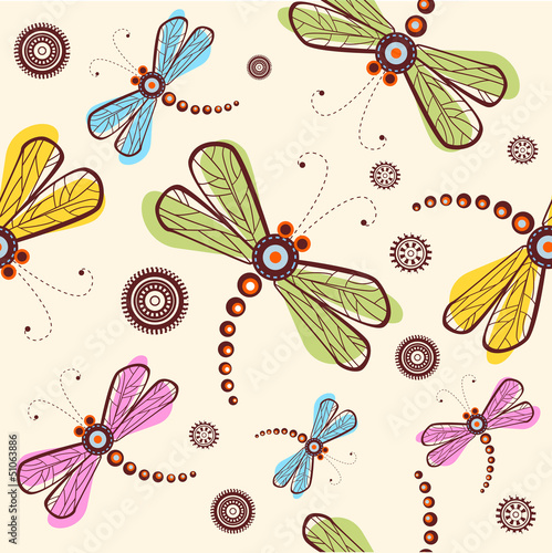 Seamless pattern with dragonfly and flower
