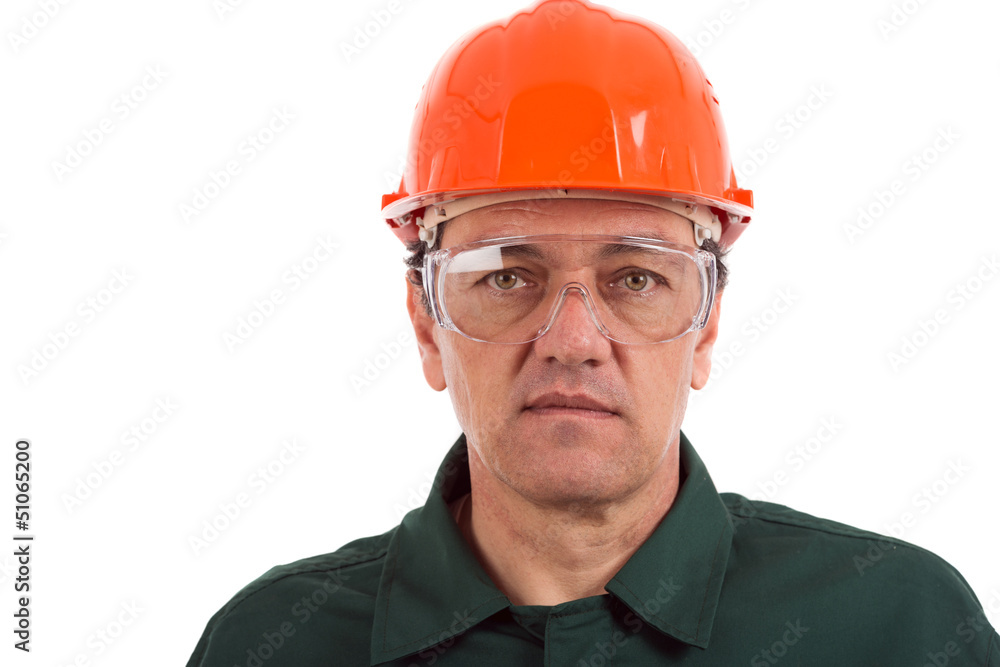 portrait of a workman in overalls and helmet isolated on white b portrait of a workman in overalls and helmet isolated on white b