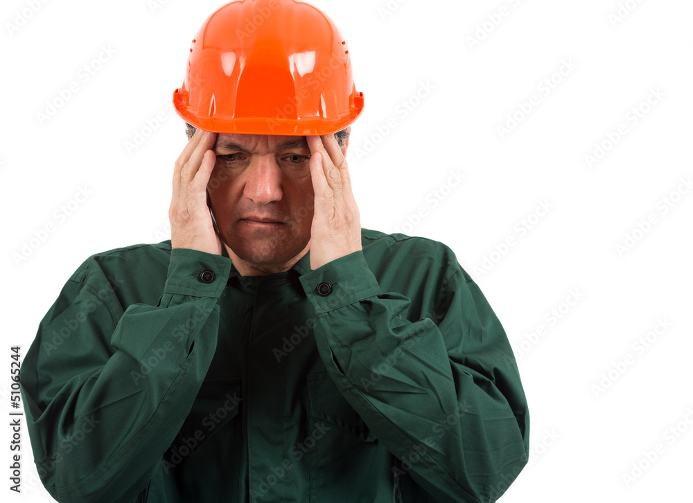 old worker having a migraine isolated on white background old worker having a migraine isolated on white background