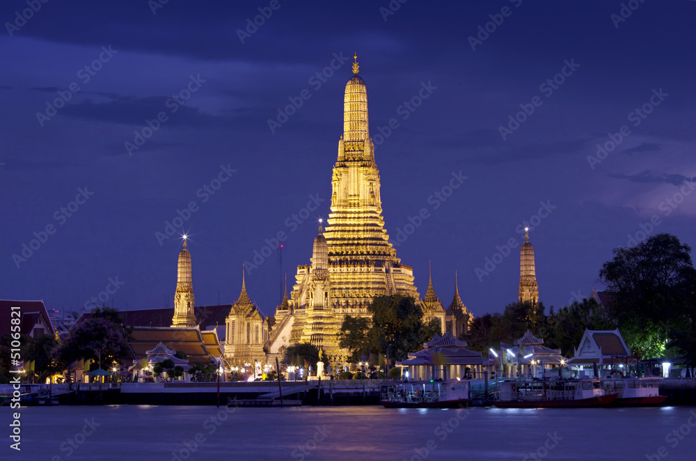 Wat Arun, Thai temple across River at night, Bangkok, Thailand