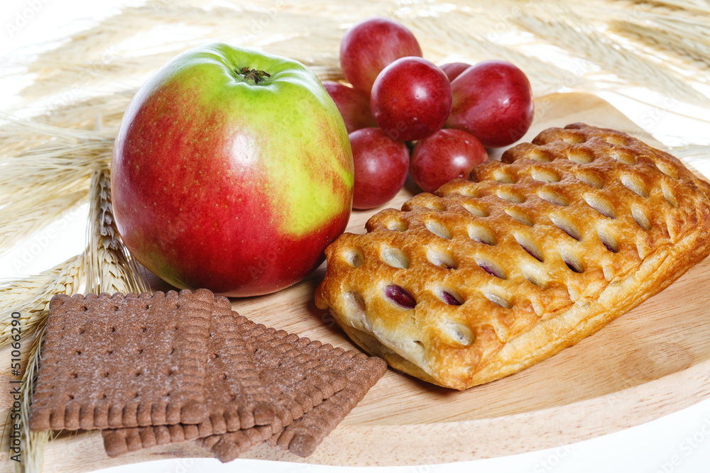 Vegetarian breakfast - cookies and fruits Vegetarian breakfast - cookies and fruits
