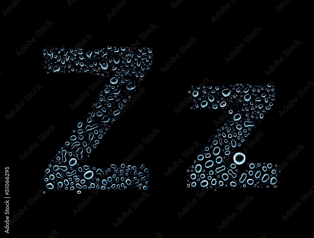 Water drops alphabet letter z, isolated black