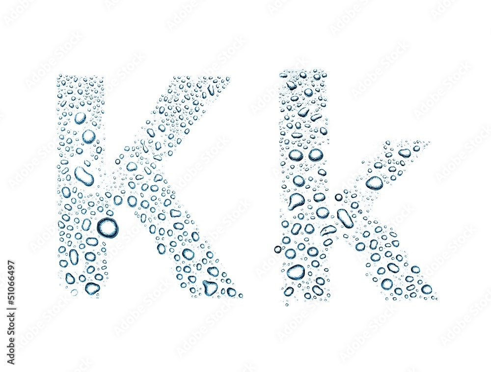 Water drops alphabet letter k, isolated white Water drops alphabet letter k, isolated white