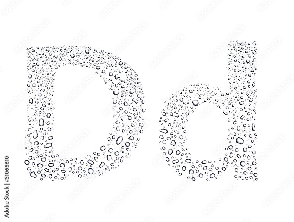 Water drops alphabet letter d, isolated white