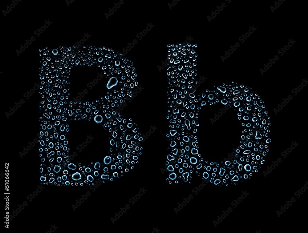 Water drops alphabet letter b, isolated black