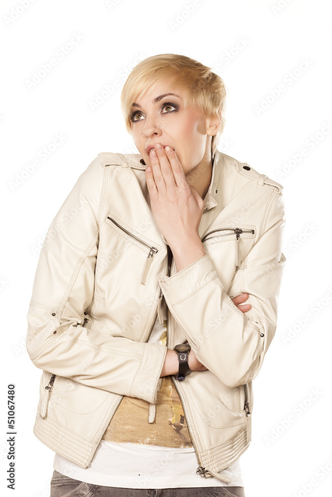 ashamed pretty blonde with short hair posing on white ashamed pretty blonde with short hair posing on white