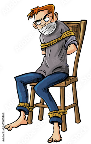 Angry man tied to a chair with ropes photo