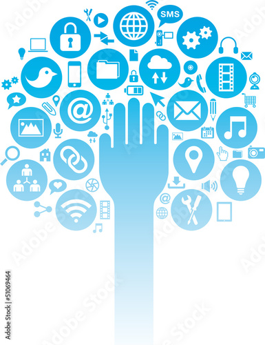 Social Media and Business icons with hand over
