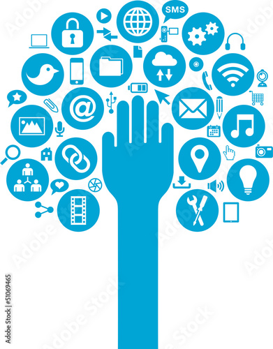 Social Media and Business icons with hand over