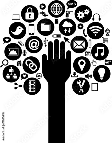 Social Media and Business icons with hand over