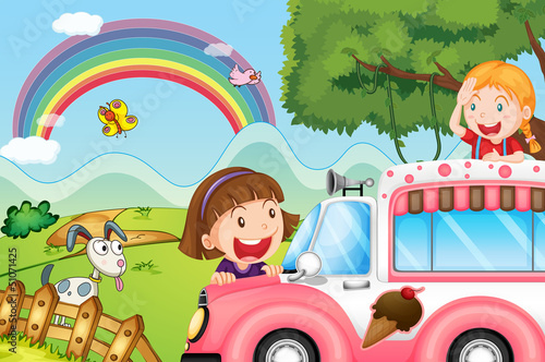 The pink icecream bus and the two happy girls