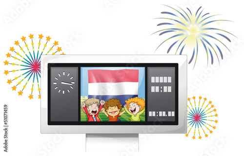 A board with the flag of Netherlands and three boys