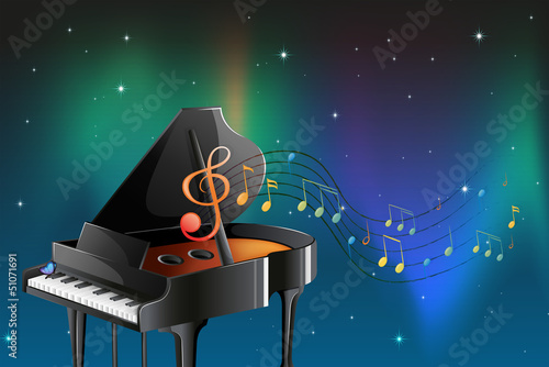 A black piano with musical notes