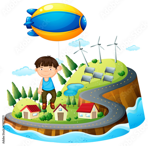 A boy floating with the aircraft