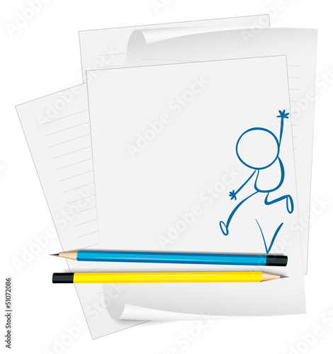 A paper with a sketch of a young boy jumping