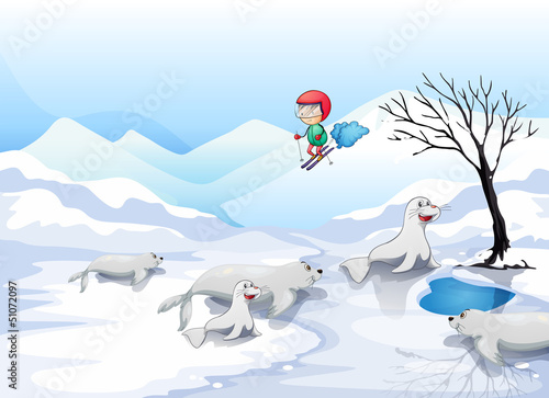 A boy skating with sealions