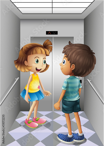 A girl and a boy talking inside the elevator