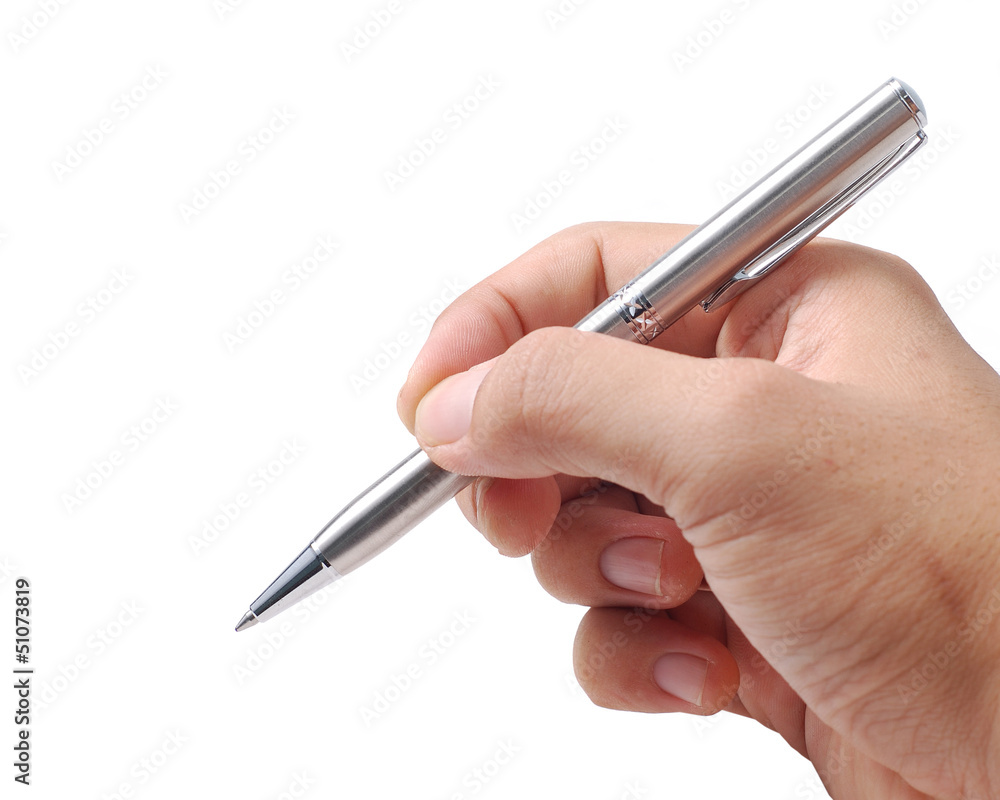 Close up of hand with silver pen Close up of hand with silver pen